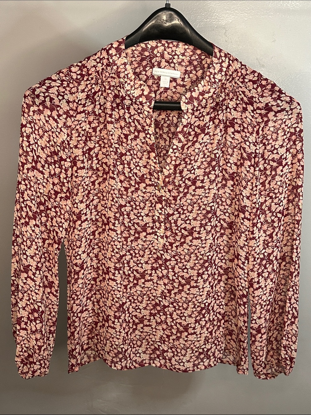 New York & Company Burgundy and Cream Floral V-Neck Blouse